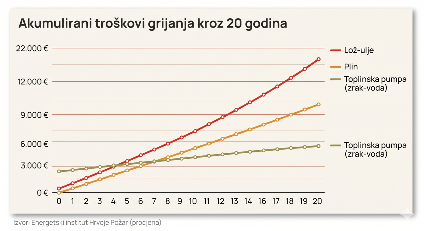 Grafikon troškova grijanja s toplinskom pumpom u odnosu na plin i lož-ulje kroz 20 godina